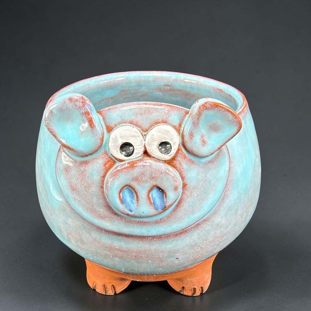 SMG Studio Pottery Pig Planter Turquoise Blue Glazed Terracotta Whimsical 4inch